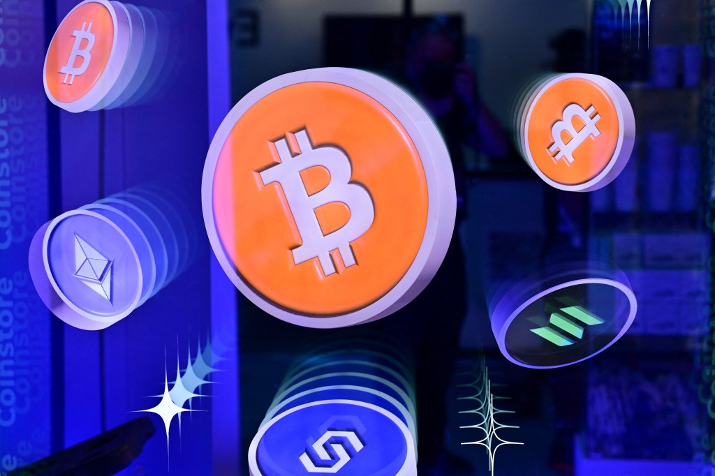 Bitcoin logos and different cryptocurrencies.